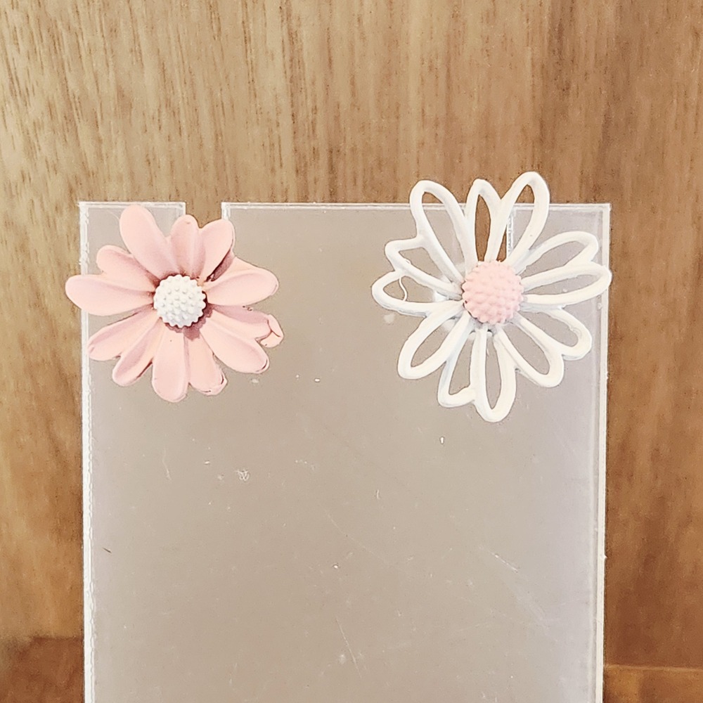 Mismatched Daisy Flower Stud Earrings Pink White Matte Floral Asymmetrical 1"